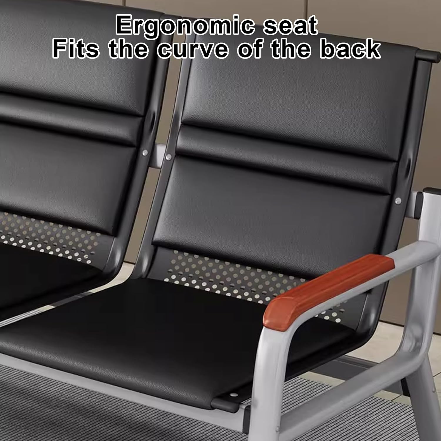 来客用オフィスチェア、受付・ロビー用チェア、PUレザー製待合室ベンチ（背もたれと無垢材アームレスト付き）、空港受付ベンチ、空港、病院