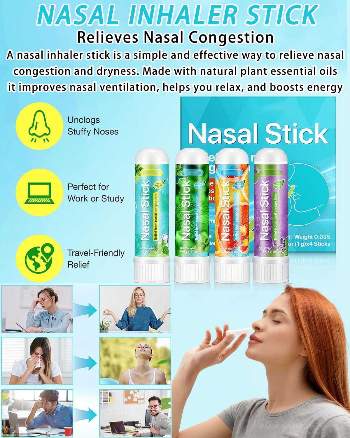 4 Pack Nasal Stick, Inalatore Nasale per Rapido Sollievo dal Naso Chiuso, Migliora la Respirazione e la Concentrazione con Oli Essenziali e Mentolo, Ideale per Studio, Lavoro e Viaggi