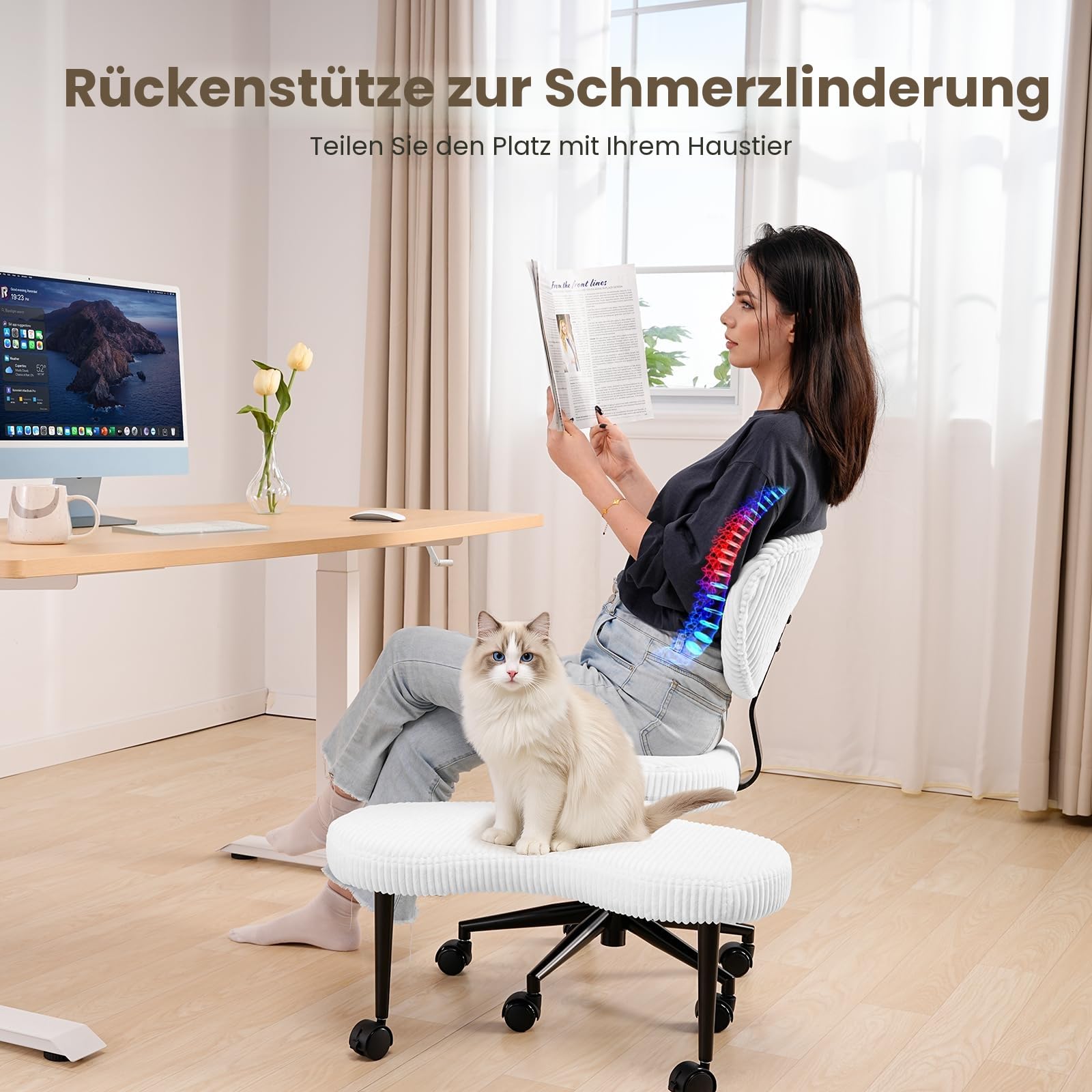 HOMRELEXA Bürostuhl mit Kreuzbeinen, 360° drehbar, Ergonomischer Kniestuhl, Criss Cross Schreibtischstuhl mit Verstellbarer Höhe, ADHS-Meditationsstuhl mit Rückenstütze, Cordstoff, Weiß