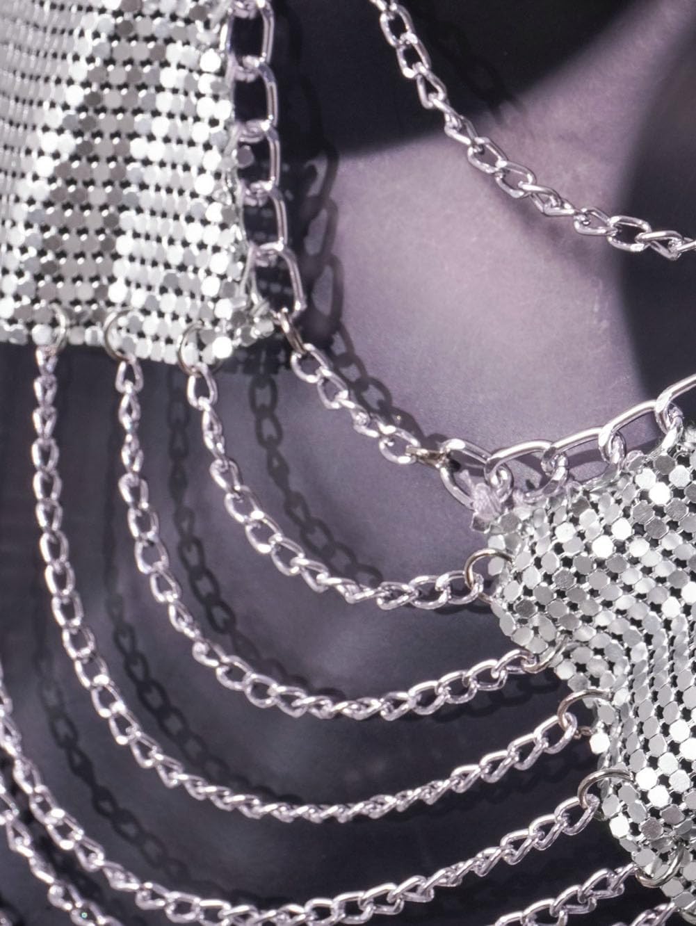 Sequin Tassel Silver Body Chain Halter Crop Tank Top Shirt Rhineston Crystal Bra Party Carnival Sparkly Backless Vest Body Jewelry for Women