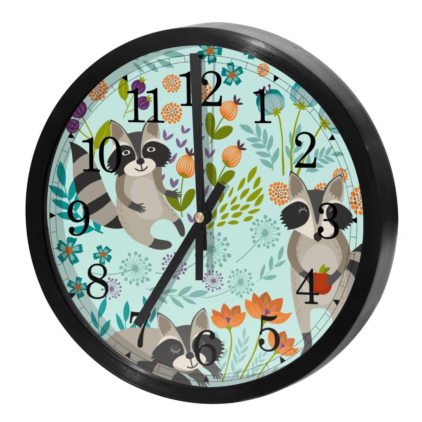 Horloge murale silencieuse à quartz vert raton laveur pour bureau et maison