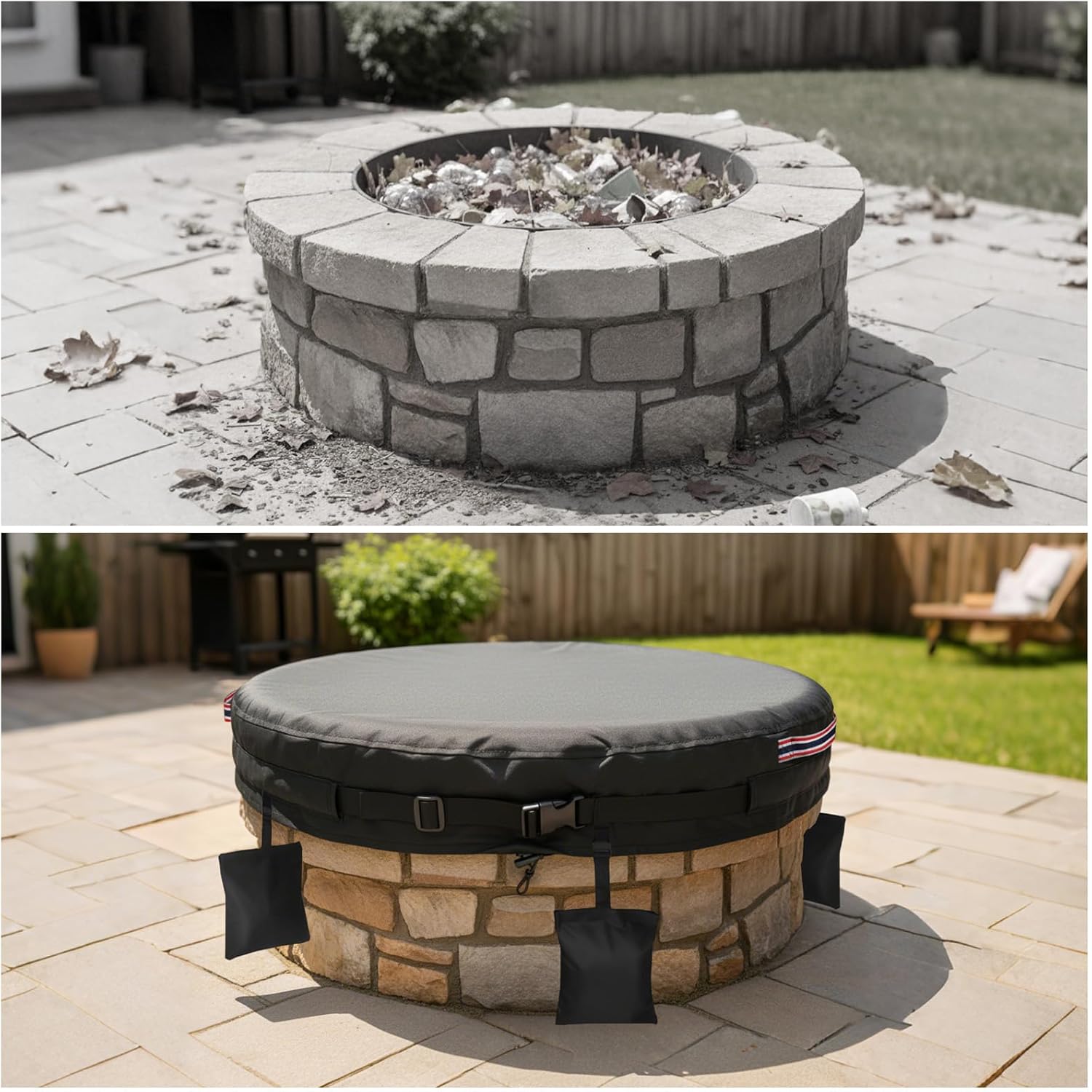 51-56 Inch Round Fire Pit Cover Heavy Duty Waterproof - Adjustable Fit for In-Ground Built-In Stone or Gas Fire Pits - 600D Oxford Fabric w/ Buckle Strap (Black, 51")