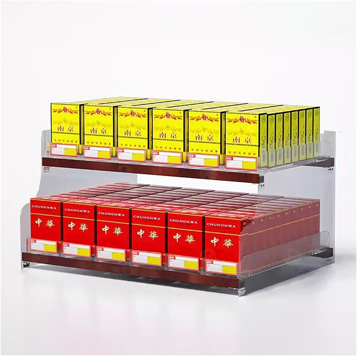 BABYCE Display Shelves Retail Cabinet Organizer Cigarette Showcases Display Rack, Auto Cigarette Pusher Cigarette Display Holder, 2 Tier Wall Mounted Cigarette Rack(44.5x29x22.5cm)