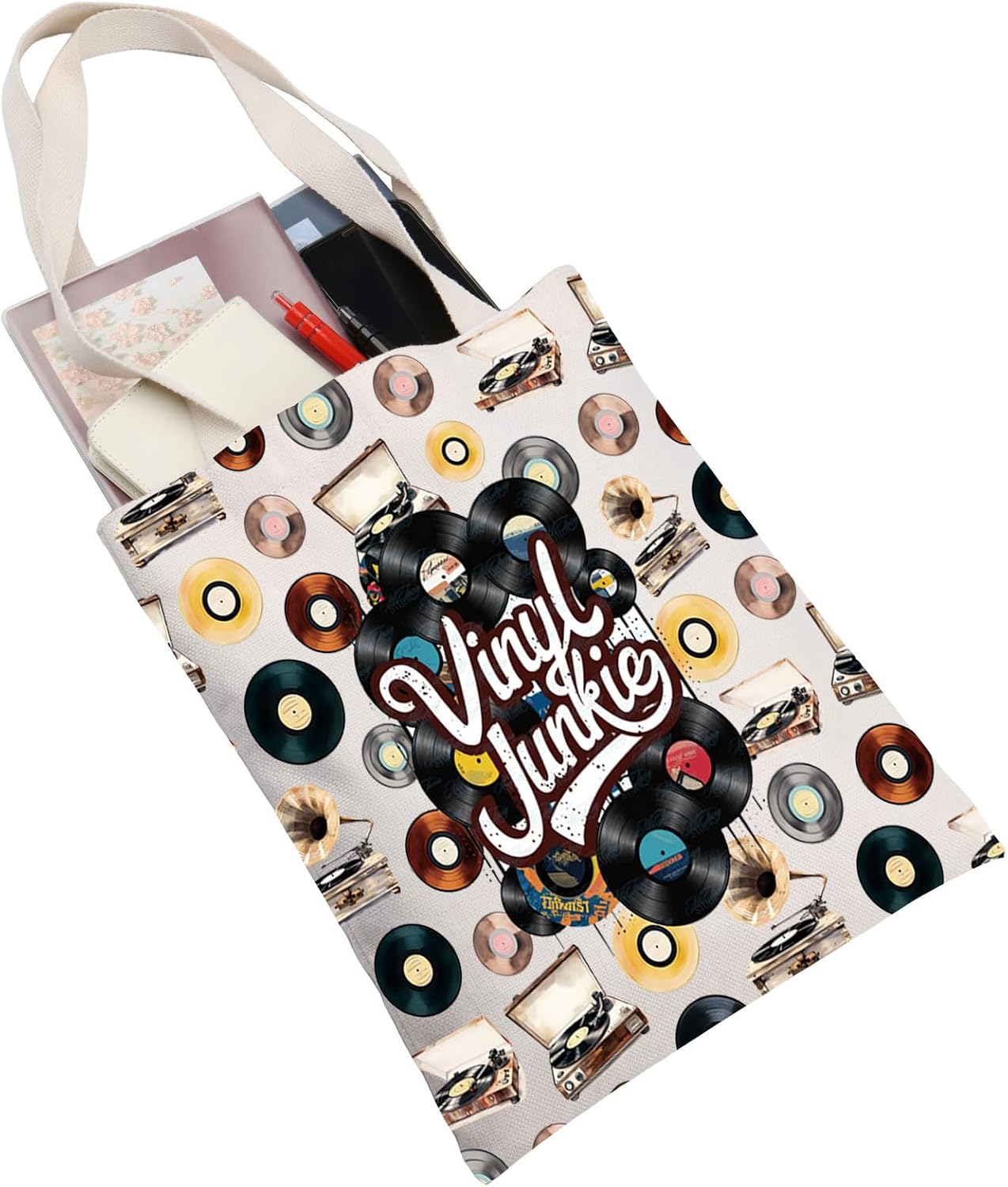 G2TUP Vinyl Junkie Tote Bag Vinyl Collector Gift Vinyl Player Gift Vinyl Record Shoulder Bag Vinyl Lover Gift LP Records Gift image 5