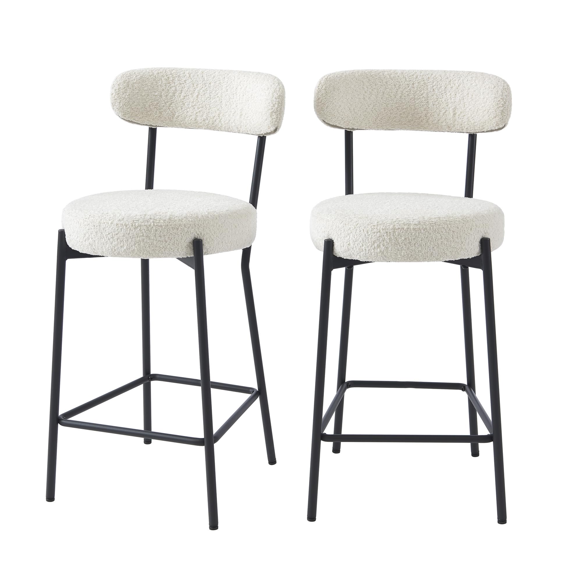 BAÏTA Set di 2 sgabelli da bar NOA in tessuto Bouclette bianco e gambe in metallo nero