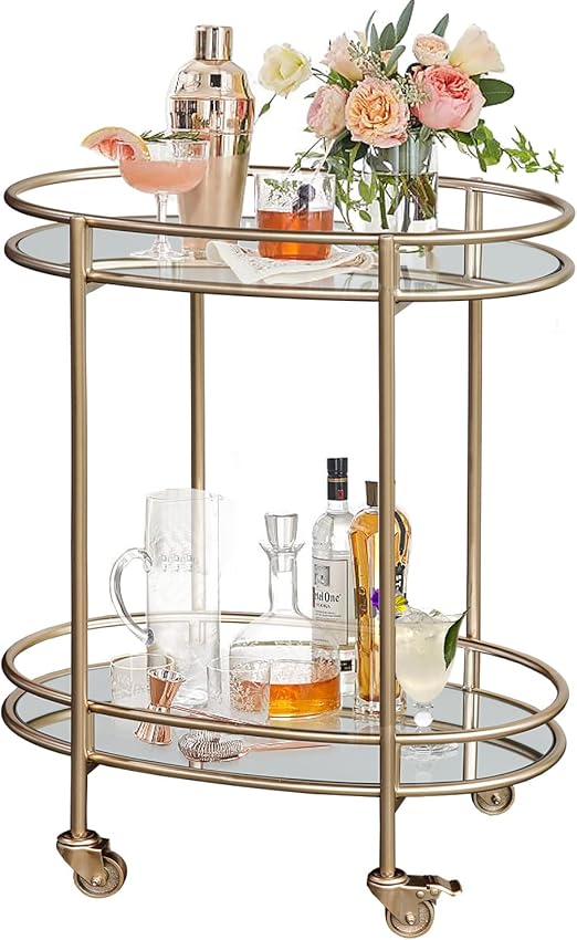 Ohsuaniy Gold Bar Cart, Oval Metal Mirror Home Bar Serving