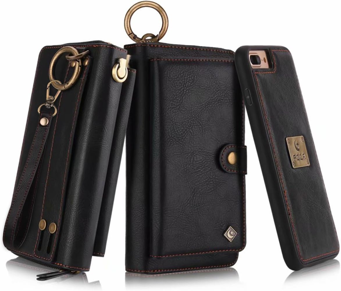 Petocase Compatible iPhone 8 Plus/iPhone 7 Plus Wallet Case, Multi-Function Zipper Purse Detachable Magnetic Back Cover Wristlets 13 Card Slots & 4 Cash Pocket for Apple iPhone 8 Plus/7 Plus, Black