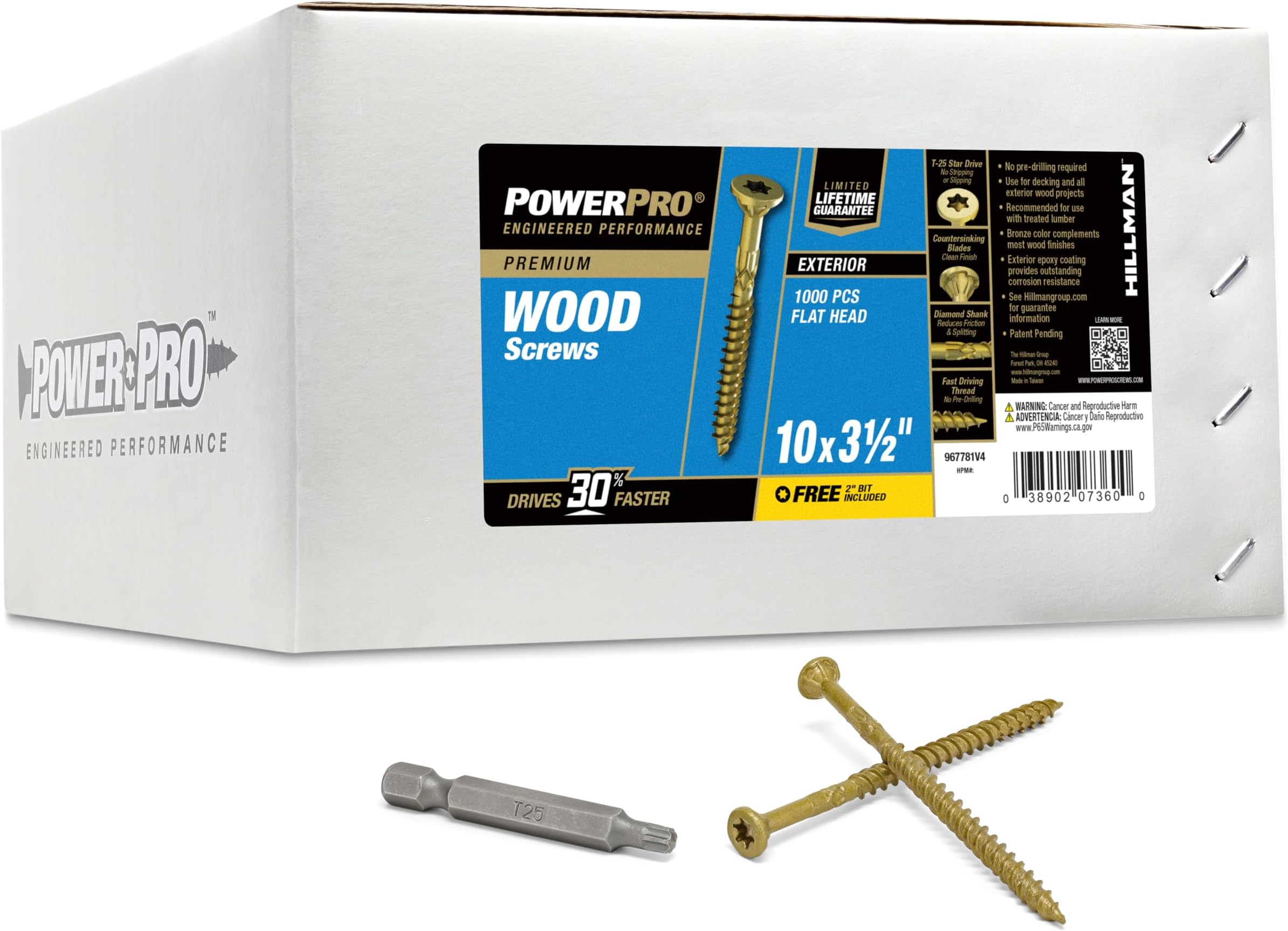 Power Pro Premium Exterior Wood Screws, #10 x 3-1/2" Inch All-Purpose Deck Screws for Outdoor Projects, T-25 Star Bit Included, Bronze, 1000 Pieces | 967781V4