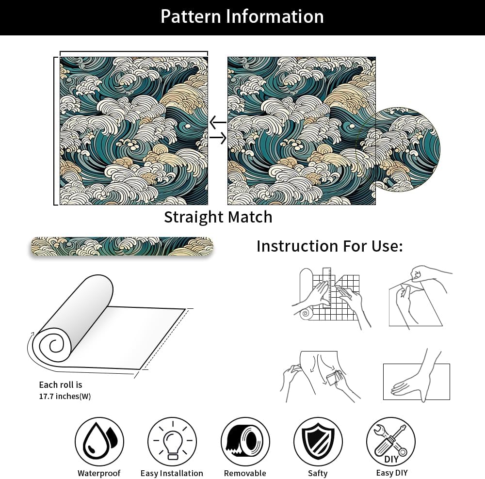 18"x236" Boho Japanese Ocean Sea Wave Peel and Stick Self Adhesive Wallpaper Removable Contact Paper Stick on Easy Peel Off Wall Paper for Kitchen Bedroom Bathroom Renter