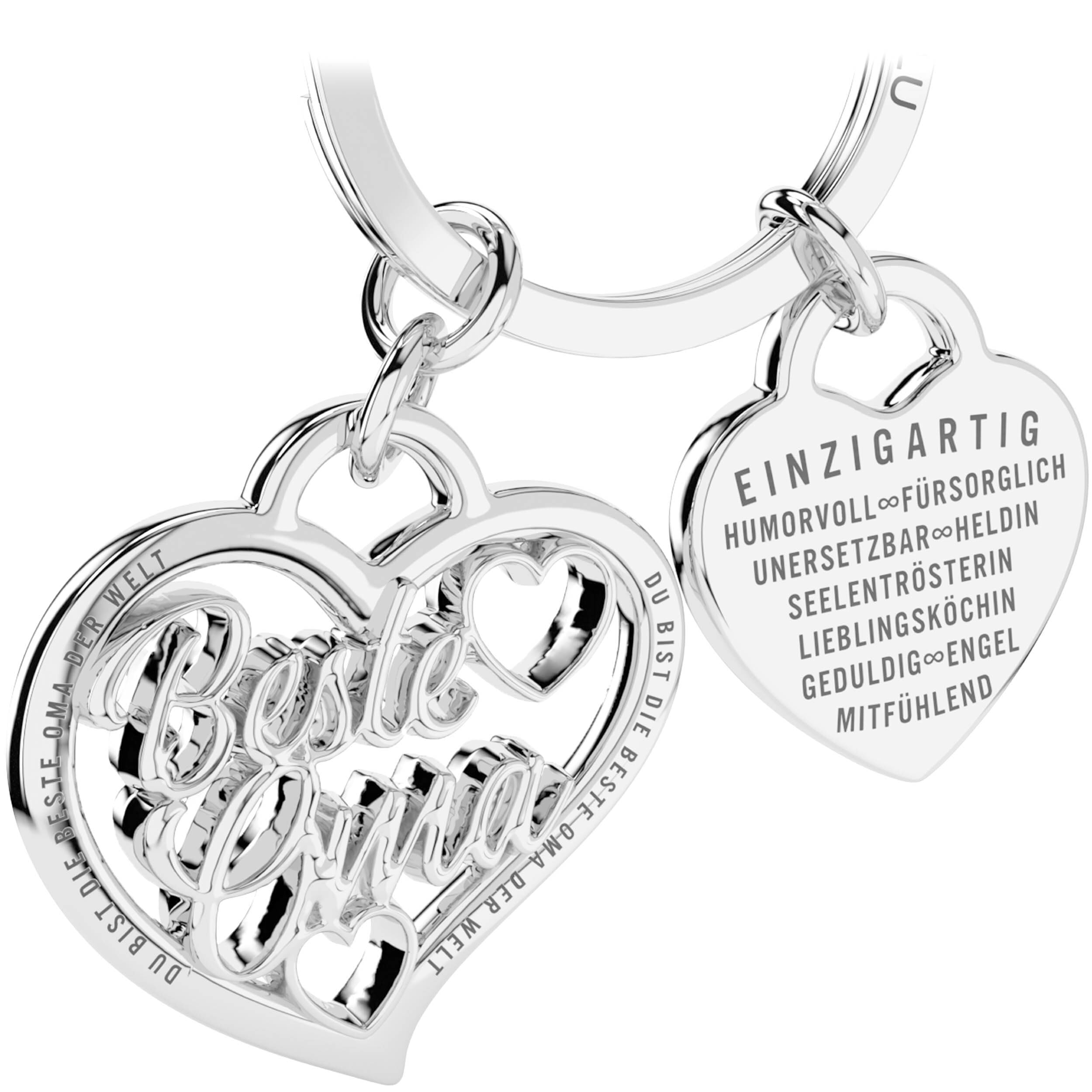 LANOLU Keyring "Beste Oma" (Best Grandma) Key Ring, Gift for Grandma for Mother's Day, Birthday Gift for Grandma, Heart with Your Grandma Features, silver