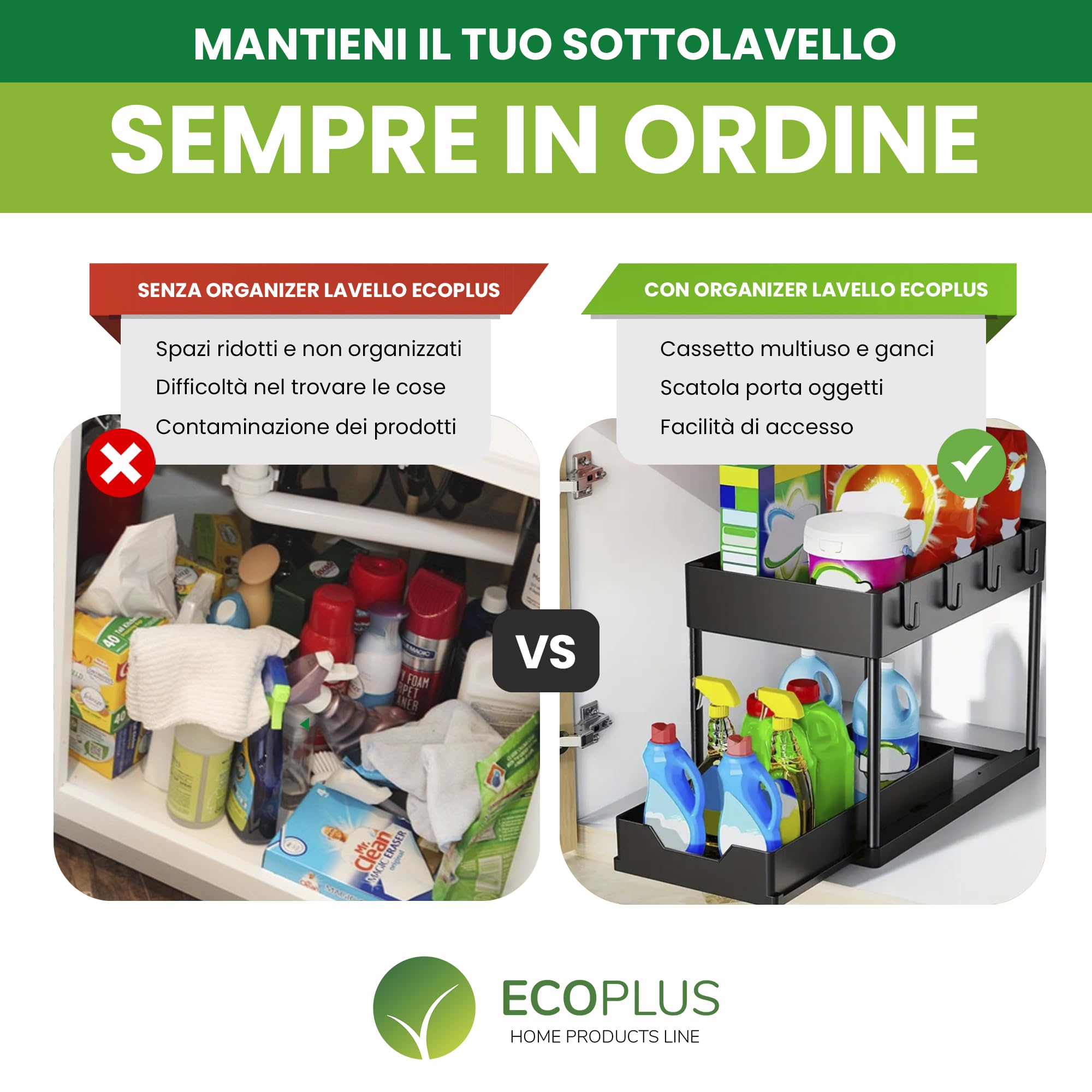 ECOPLUS Organizer Sottolavello Salvaspazio Sottolavabo, Organizzatore Cucina e Bagno, Scaffale Sottolavello Nero (40x22x32 cm) con Portaoggetti, Struttura Resistente, Perfetto per Lavandino e Lavello