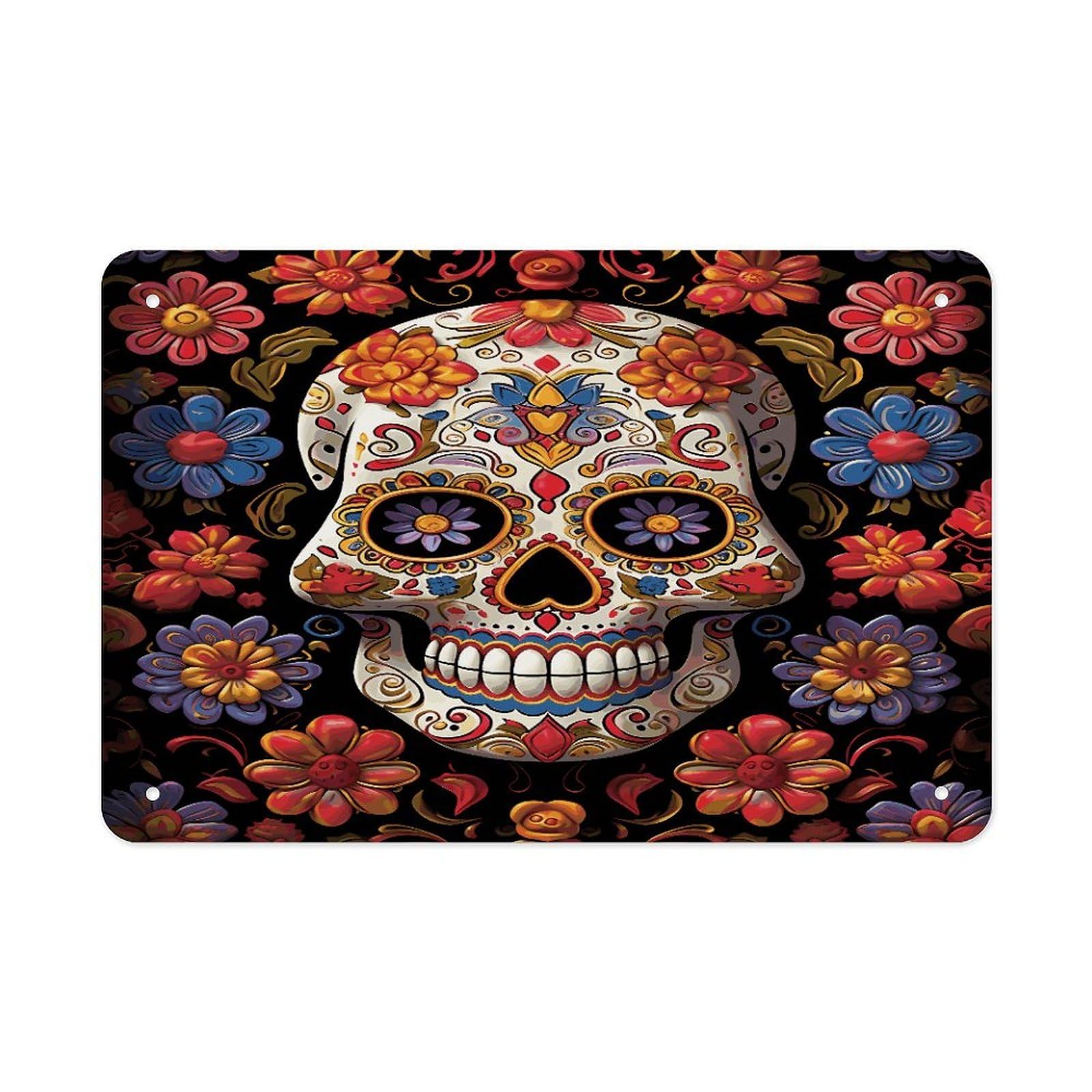 LDGSUPH Sugar Skulls Metal Tin Sign Wall Art Prints Folded Edge Iron Sheet Painting with Holes for Wall Prints Decorative Picture Metal Signboard Decor Painting Wall Decor