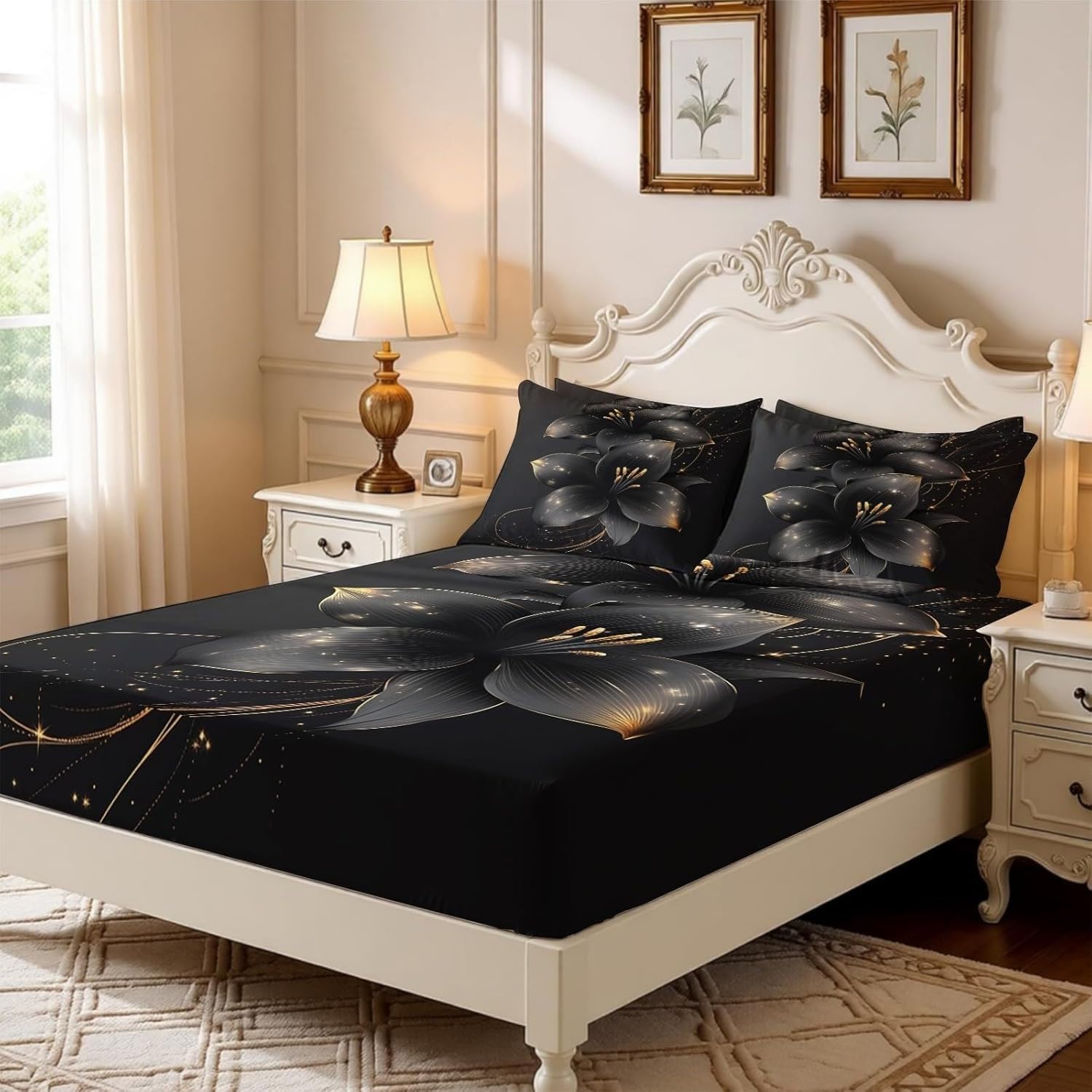 Sabana Bajera 135x190 Negro Y Dorado Sabanas Bajeras Estampadas Flores Grandes Sábana Bajera Ajustable Suaves, Elastico Funda Colchon con 2 Funda Almohada 50x80 cm, para Colchón de 30cm de Altura