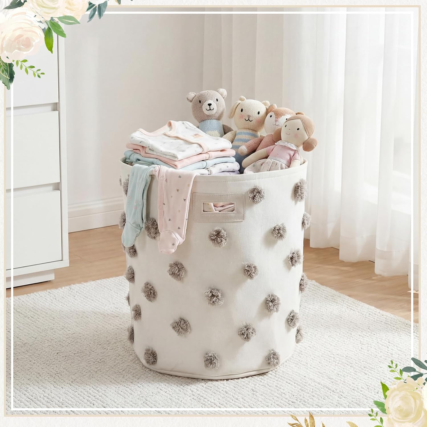 Grey 17.5" D x 20.8" H Pom Pom Basket Bin Large Cotton Canvas Laundry Hamper Baby Girl Laundry Basket Storage, Baby Nursery Hamper for Nursery Playroom Home Room Organizer Decor