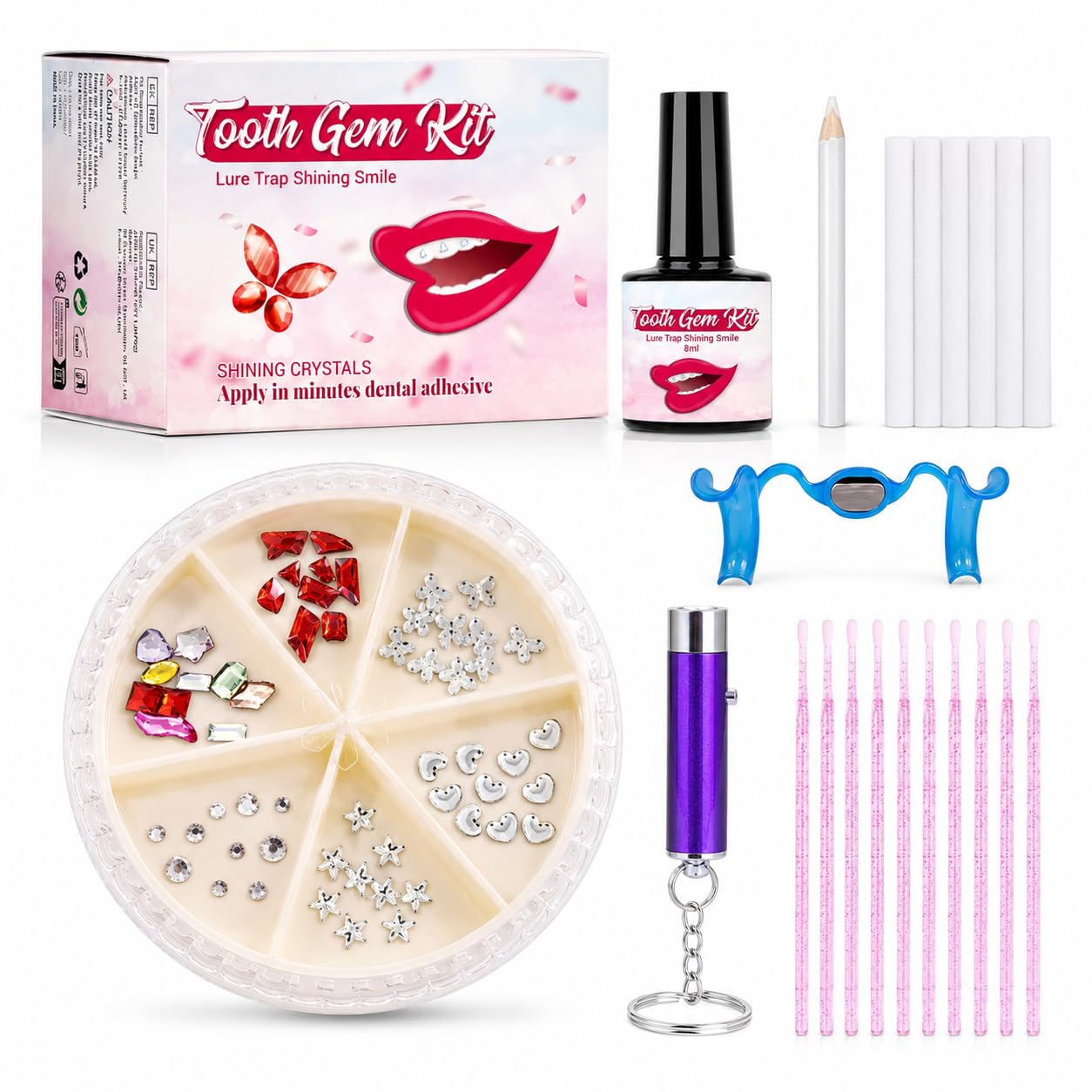 Tooth Gem Kit Komplett-Set, 120 Funkelnde Zahnschmuck Steine mit UV-Lampe & Kleber, DIY Zahnschmuck Set Für Zuhause, Auch für Nagelkunst & Handy Deko, für Party Cosplay, Geschenkidee für Frauen (Rosa)