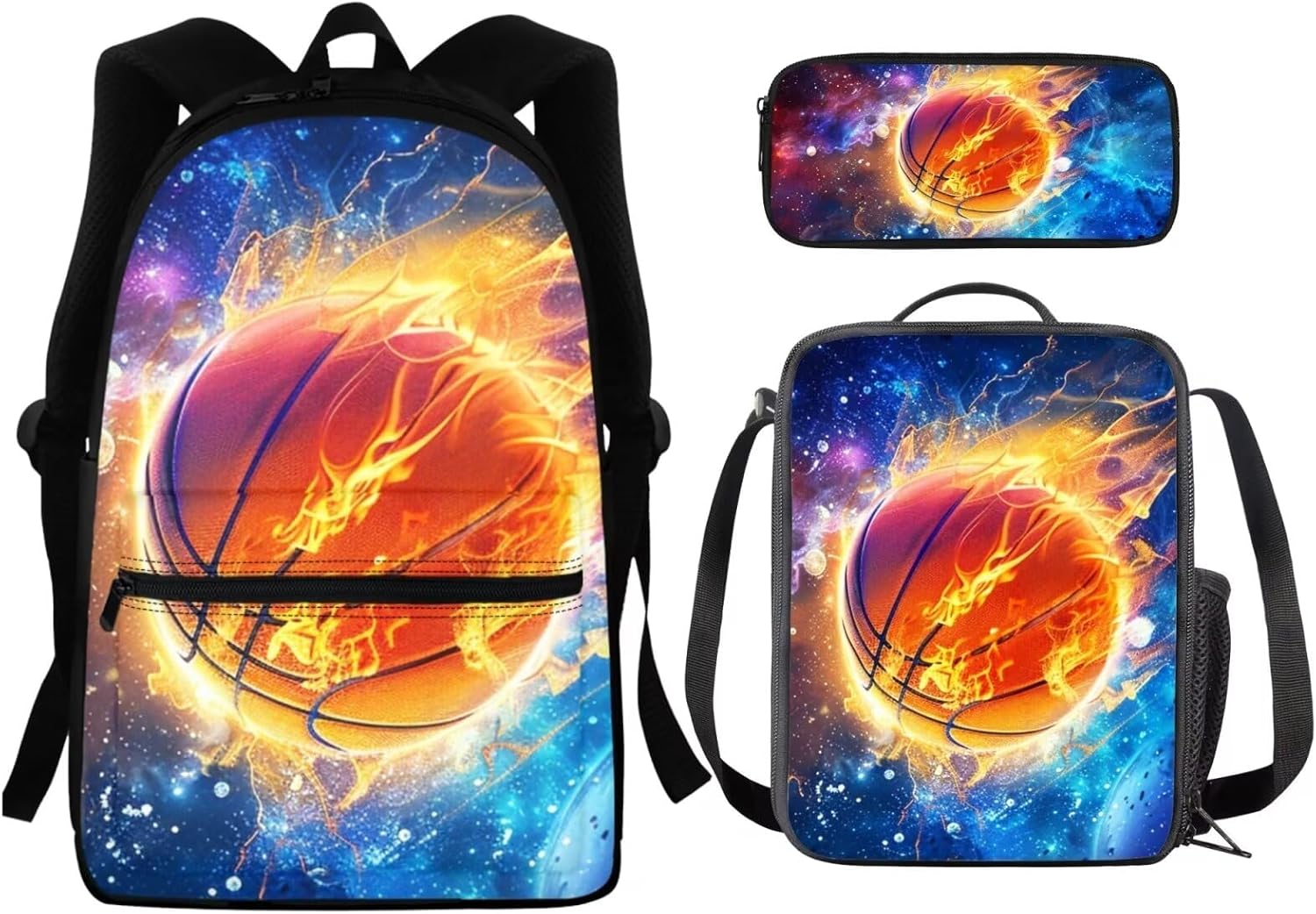 Galaxy Basketball Backpack for Boys 6-8 with Lunch Box for School Kids 15 Inch School Bag and Lunchbox Set Large Capacity Bookbag Lunch Bag Pencil Case for School