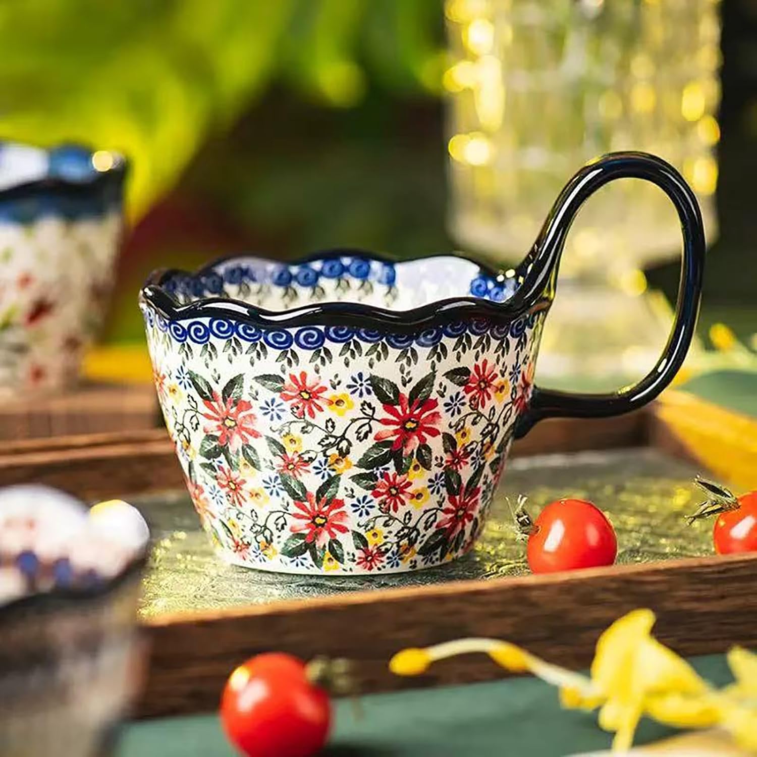 OZY Handpainted Soup Bowl with Handle,Ceramic Cereal Bowl Great for Soup, Ice cream, Fruits,Snack,Microwave &Dishwasher Safe (Daisy)