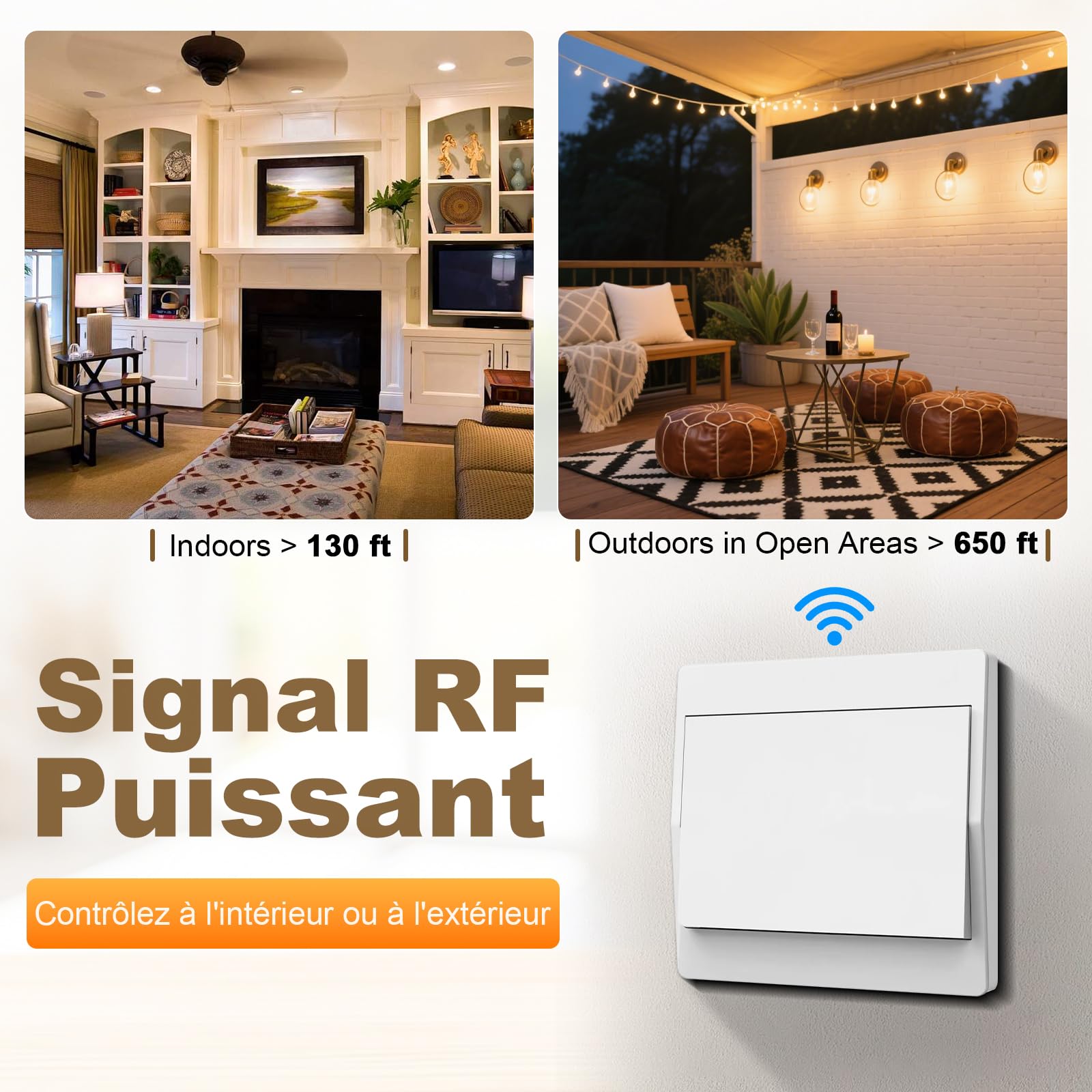 EU Interrupteur Sans Fil Sans Piles, Lot de 2 kit 230 V Interupteur Sans Fil Autoalimente Commutateur RF sans fil Contrôlez votre lampe jusqu'à 200 mètres (EU Kit 1 récepteurs + 2 interrupteurs)