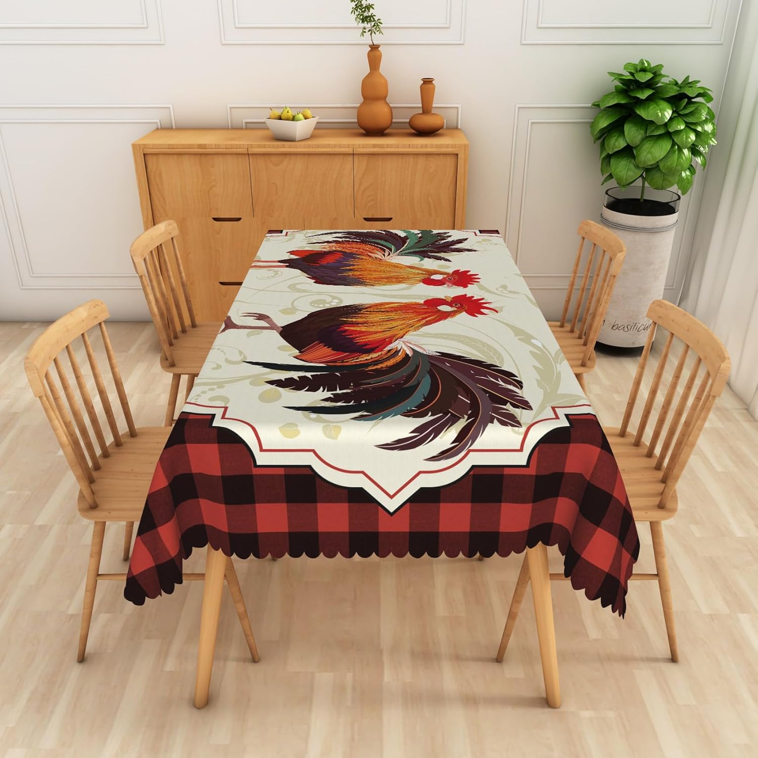 Red Rooster Tablecloth 70x120 Inch Rustic Farm Roosters Red Plaid Fabric Table Cloth Polyester Anti-Wrinkle Reusable Rectangle Table Cover for Cottage Farmhouse Theme Party Dining Room Decor