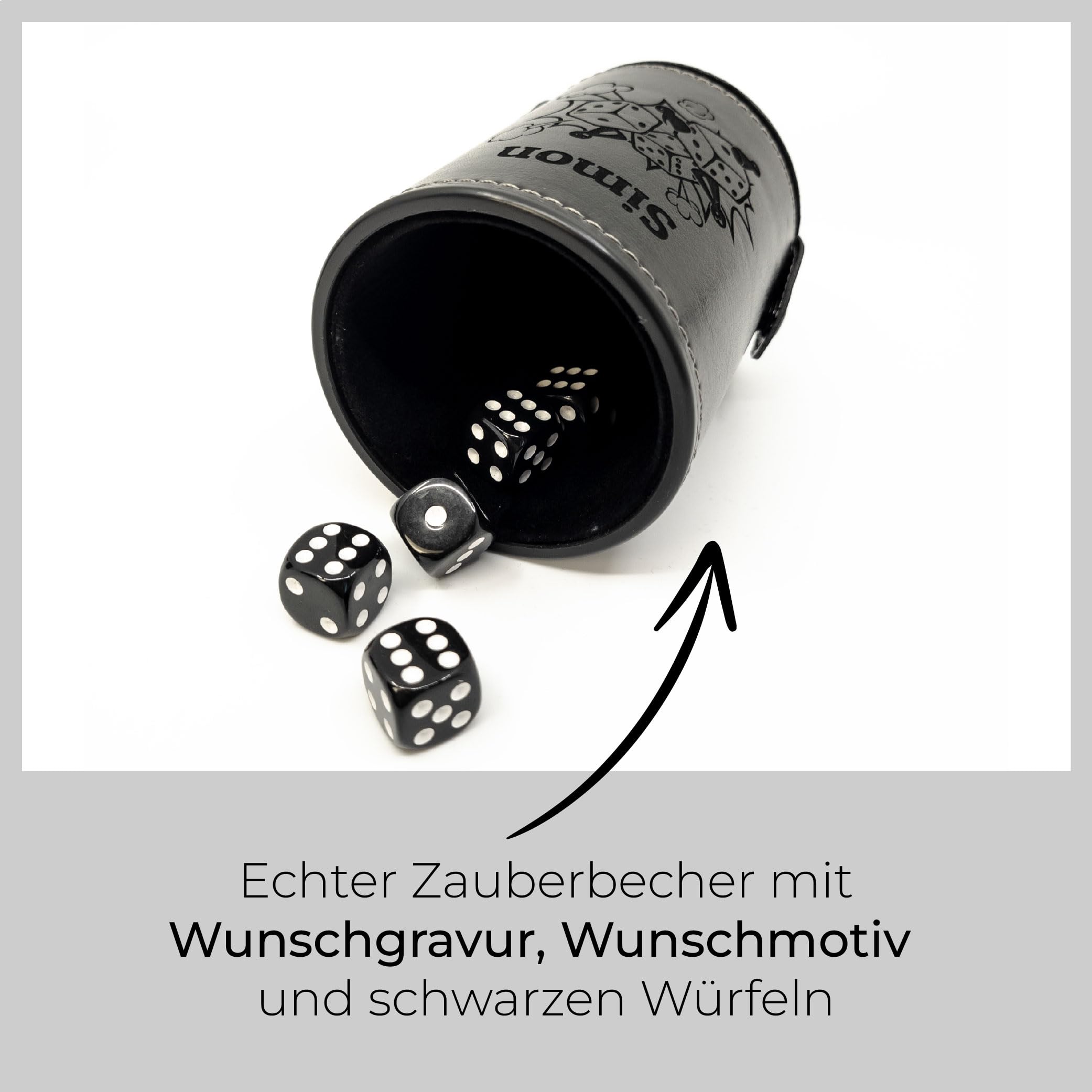 Schwarzer Würfelbecher Leder mit Gravur | Personalisiert mit Motiv & Name | Individuelles Knobelbecher Set mit Würfelfach & Würfeln