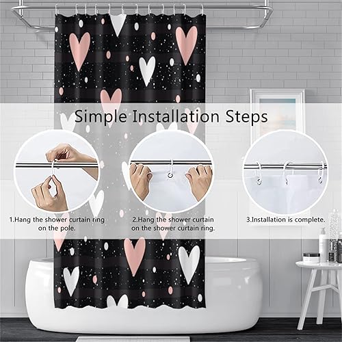 Miniatura 5 de Uiiooazy Cortina de ducha bohemia negra para baño, 72 x 72 pulgadas, corazones rosados y blancos, tela impermeable, decoración de lunares,