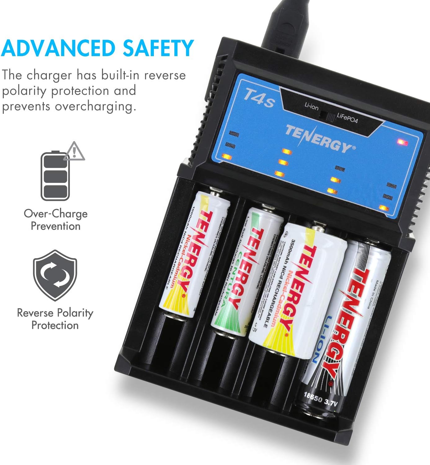 Tenergy T4s Intelligent Universal Charger, 4-Slot Battery Charger for Li-ion, LiFePO4, NiMH and NiCd Rechargeable Batteries,18650, 14500, 26650, AA AAA C Cell Battery Charger with Car Adapter