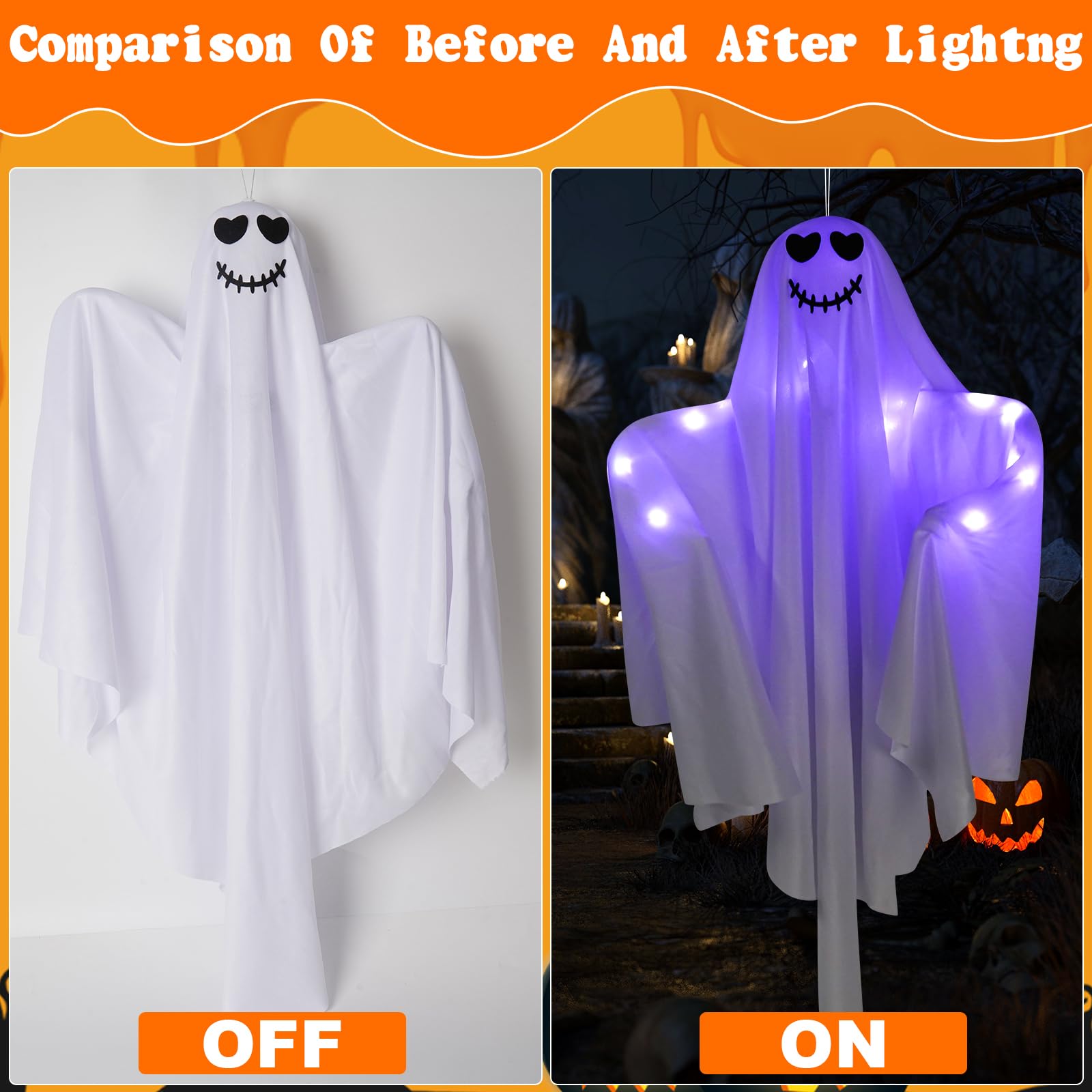 Luz Fantasma Colgante Halloween, 2 Piezas Fantasma Halloween Decoracion, Decoración Halloween Exterior Interior, Colgante Espeluznante Decoración para jardín, Ventana, Bar