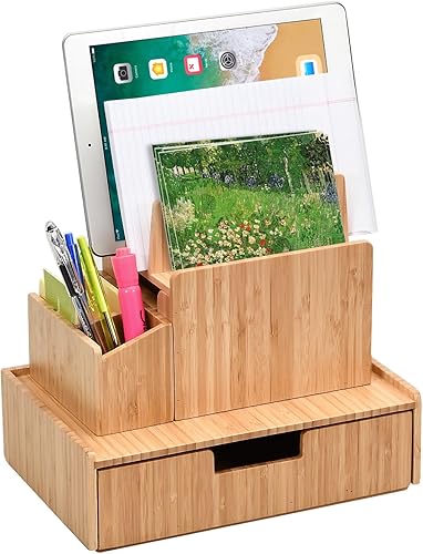 MobileVision El juego completo de organizador de oficina de bambú incluye estación de carga, soporte para lápices y bolígrafos con bandeja para bloc