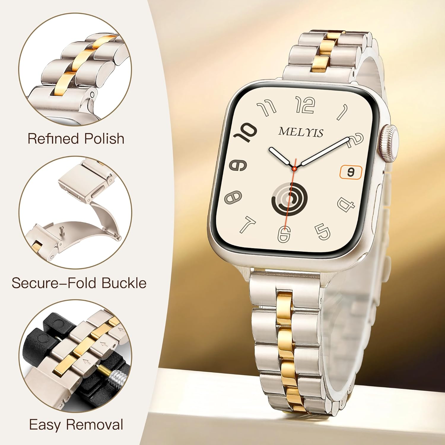 Slim Metal Band Fits Apple Watch Bands for Women 42mm(Series 11/10) 40mm 41mm 38mm, Stainless Steel iWatch Bands, Dressy Band for Apple Watch Series 11 10 9 SE 8 7 6 5 4 3, Starlight&Gold - Image 3