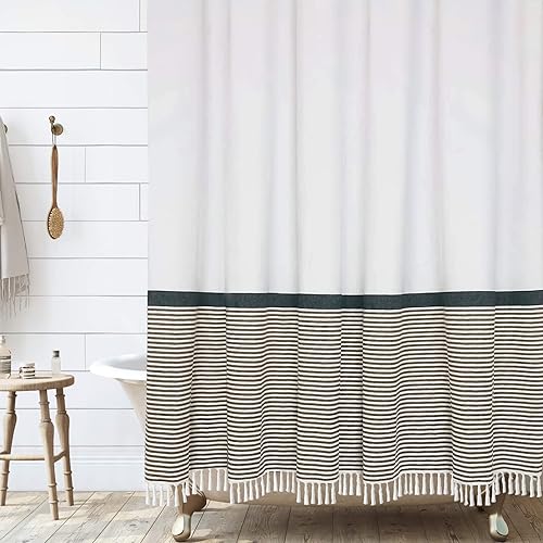 Awellife Modern Farmhouse Shower Curtain Linen Cotton Striped Fabric Tassel Shower Curtain - 72"x72" Charcol and Tan