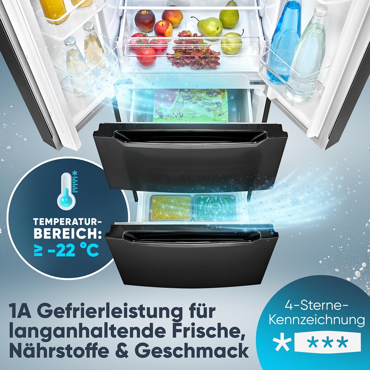 Bomann Réfrigérateur et Congélateur 320L KG7361-Noir, Système MultiAirflow, Totalement Sans Givre, Éclairage LED, 4 Étagères en Verre, Mode Économie d'Énergie, 39 dB