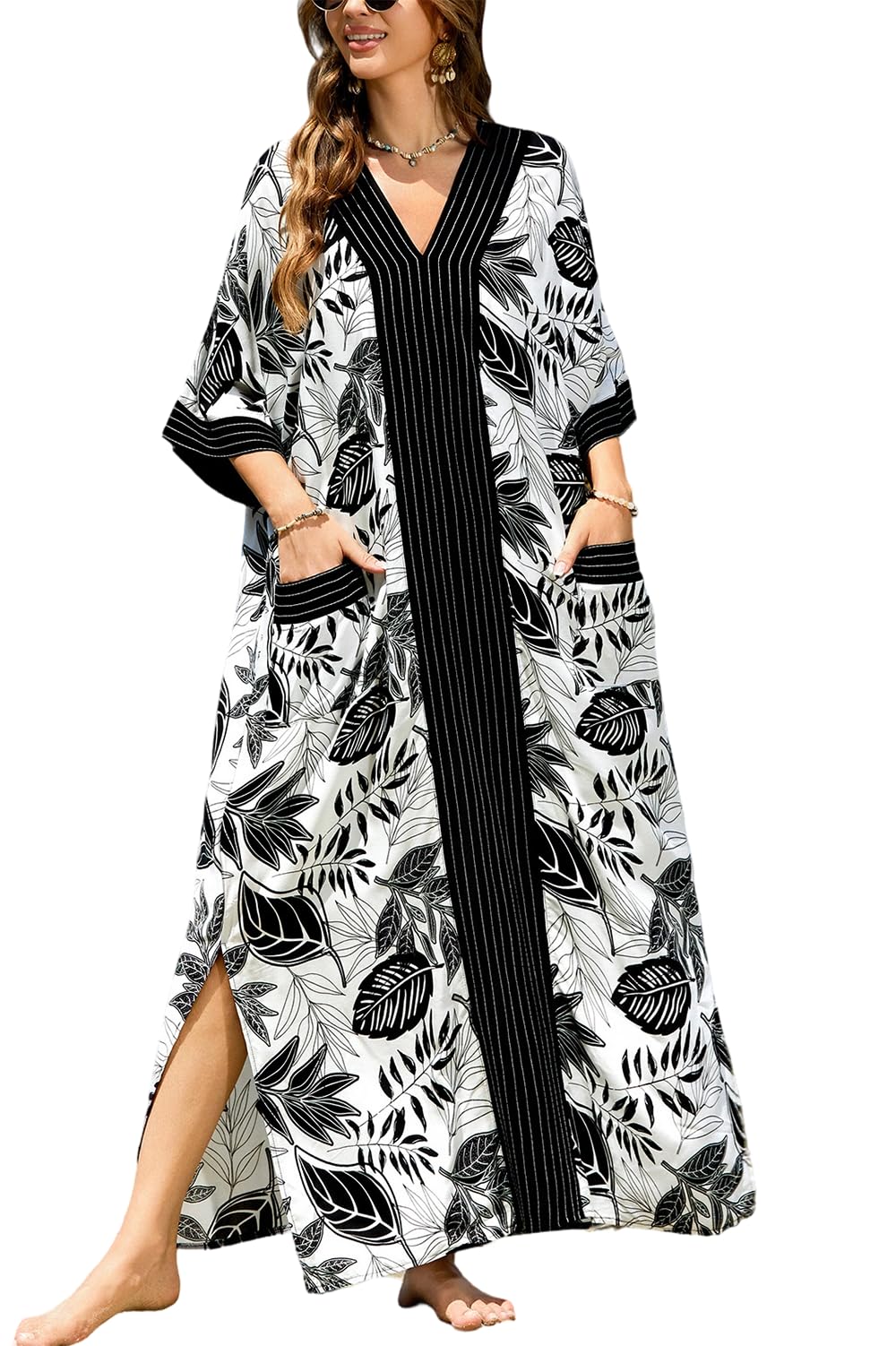 Kawai Peach Women's Black White Floral Printed L-Peach Floral Printed Kaftan Maxi Beach Dress Cover Up