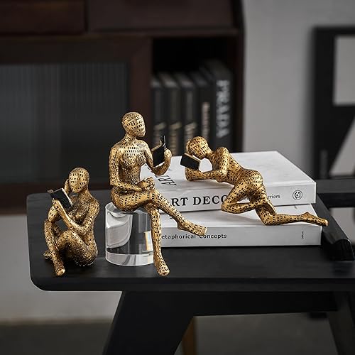 Miniatura 3 de FJS - Estatua de pensador de decoración dorada escultura de arte abstracto juego de 3 figuras coleccionables de resina dorada para decoración del