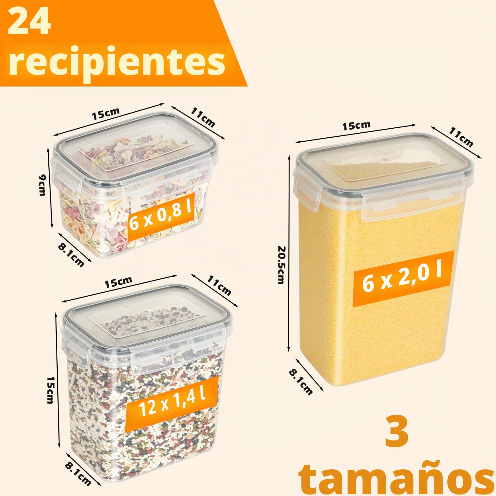 Withosent Botes Cocina Almacenaje 24 Piezas, Recipientes Alimentos de Plástico, Botes Cocina Hermeticos Contenedores para Cereales, Pasta, Granos, Harina (2L 1,4L 0,8L)
