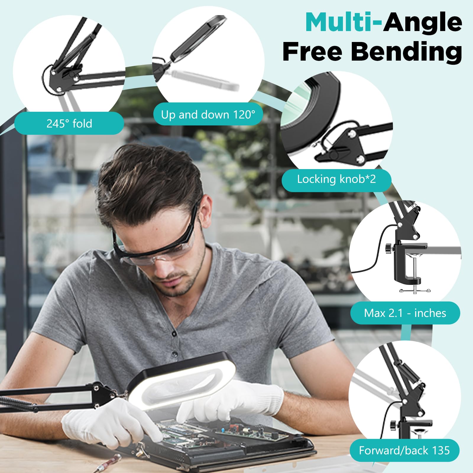 15X Lupe mit Licht und Ständer, 3-in-1 Standlupe, Lupenlampe mit 5 Farbmodi, Stufenlos Dimmbar, 60 LED, Stabiler Metallständer, Große Flexible Schwenkarm Lupenleuchte für Senioren, Hobbys und Basteln