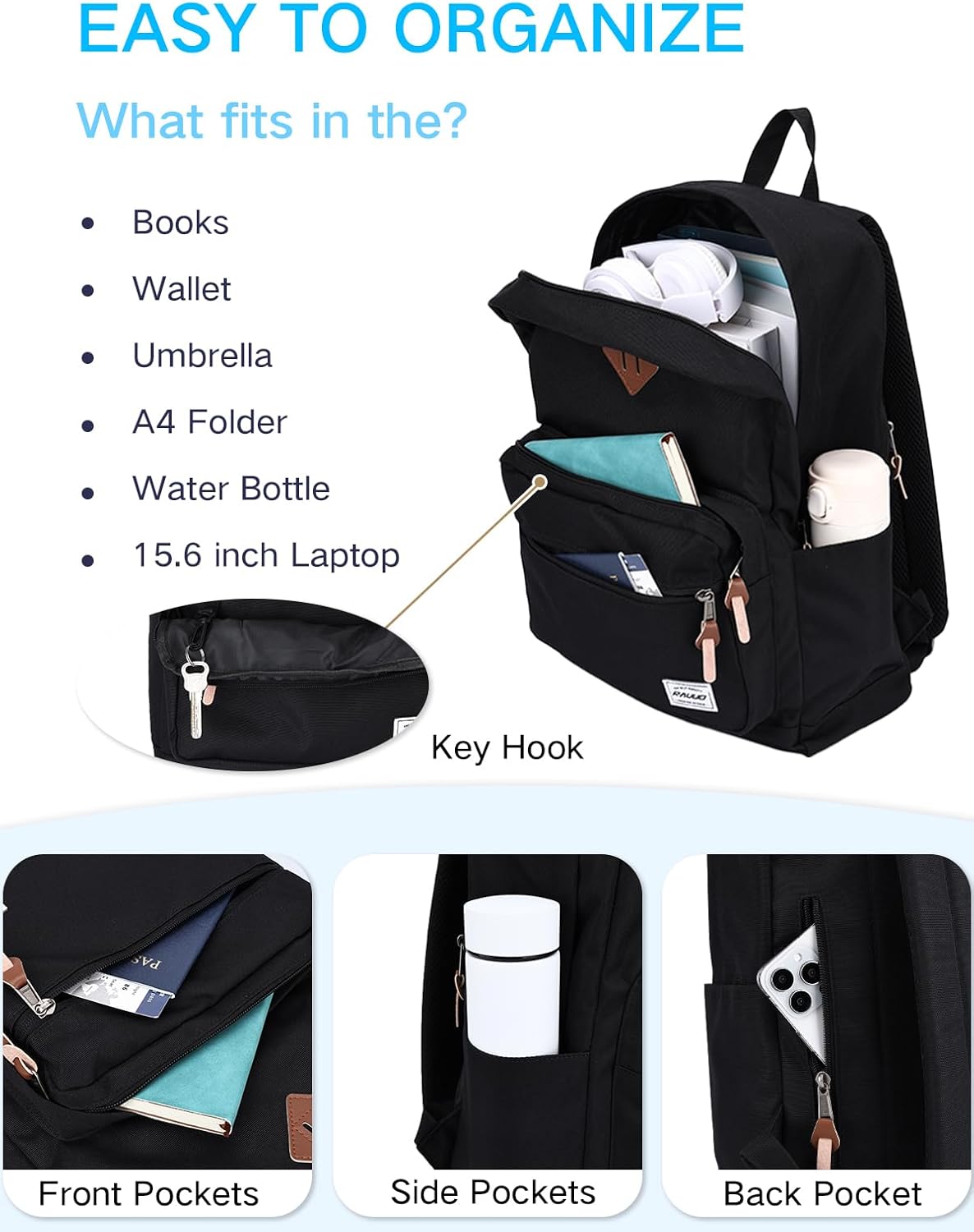 RAVUO School Backpack for Men Women | Classic College Bookbag for 15.6inch Laptop, Water Resistant Casual Daypack Schoolbag for Travel, Work, Black - Image 4