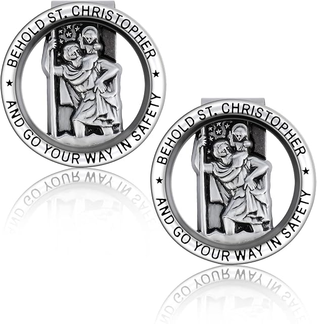 cobee Christopher Medal for Car, 2 Pcs Car Saint Christopher Visor Clip Round St Christopher Medal Badge Clip Catholic Visor Bless Driving Safety Clip Religious Gift for New Driver, Baby Driver