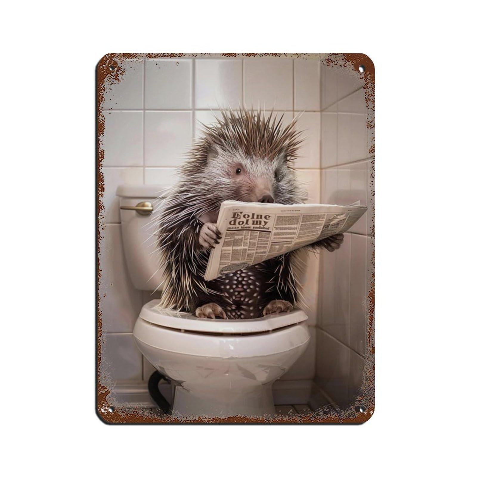 Porcupine Sitting on The Toilet Reading A Newspaper (6) Tin Sign Vintage Metal Pub Club Cafe Bar Home Wall Art Decoration Poster Retro 12x16inch(30x40cm)