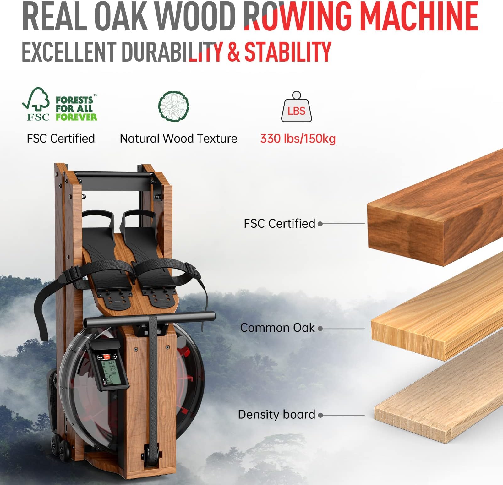 JOROTO Water Rowing Machines for Home Use,Foldable Rowing Machine Oak Wood Rower Machine with Large Water Tank,350LBS Weight Capacity,Bluetooth Monitor,Tablet Holder