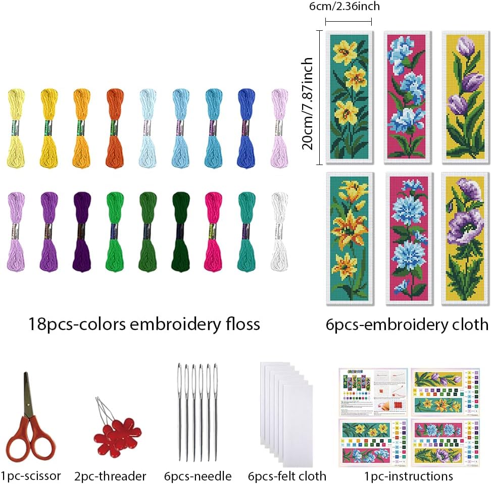 FREEBLOSS 6 Sets 11CT Cross Stitch Bookmark Kit for Adult Beginners Vintage Flowers Stamped Cross Stitch Kits Embroidery Bookmarks Kit with Instructions DIY Crossstitch Kits for Gift 8x2.4inch image 2