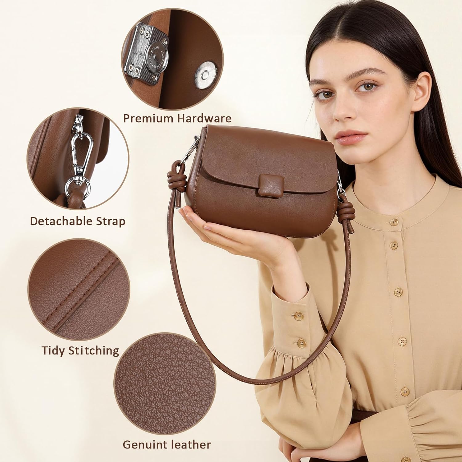 Crossbody Bags for Women, Genuine Leather Shoulder Bags with 2 Removable Adjustable Straps - Image 3