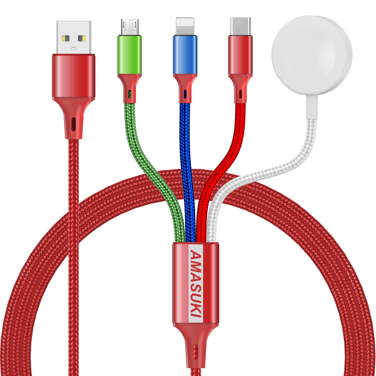 Amasuki Travel Essentials,4 in 1 for Apple Watch Charger/iPhone Charger/Multi Charging Cable,Vacation RV Camping Essentials,USB C/L/Micro Portable Charger for iWatch 11-1/iPhone 17-12,Car&amp;Gift-Red