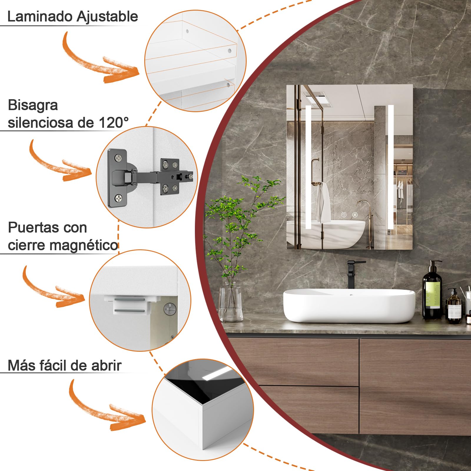 Armario Espejo baño con luz, Mueble de Baño, 3 Estantes Ajustable