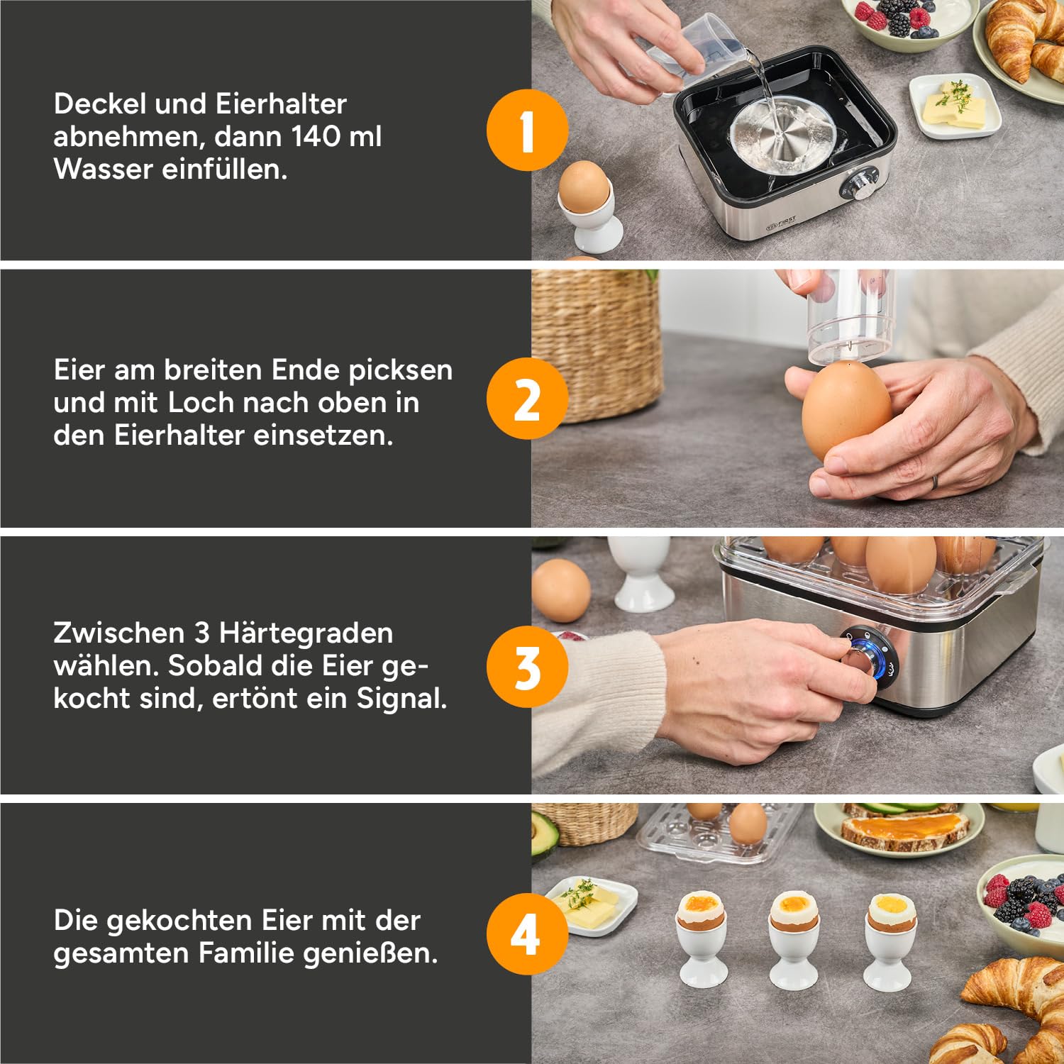 TZS First Austria Eierkocher 8 Eier - 4 Einstellungen inkl. Dampfgarfunktion - Automatische Abschaltung mit Signalton - Trockenkochschutz - Messbecher & Pochierschale - Kompakt & Leicht