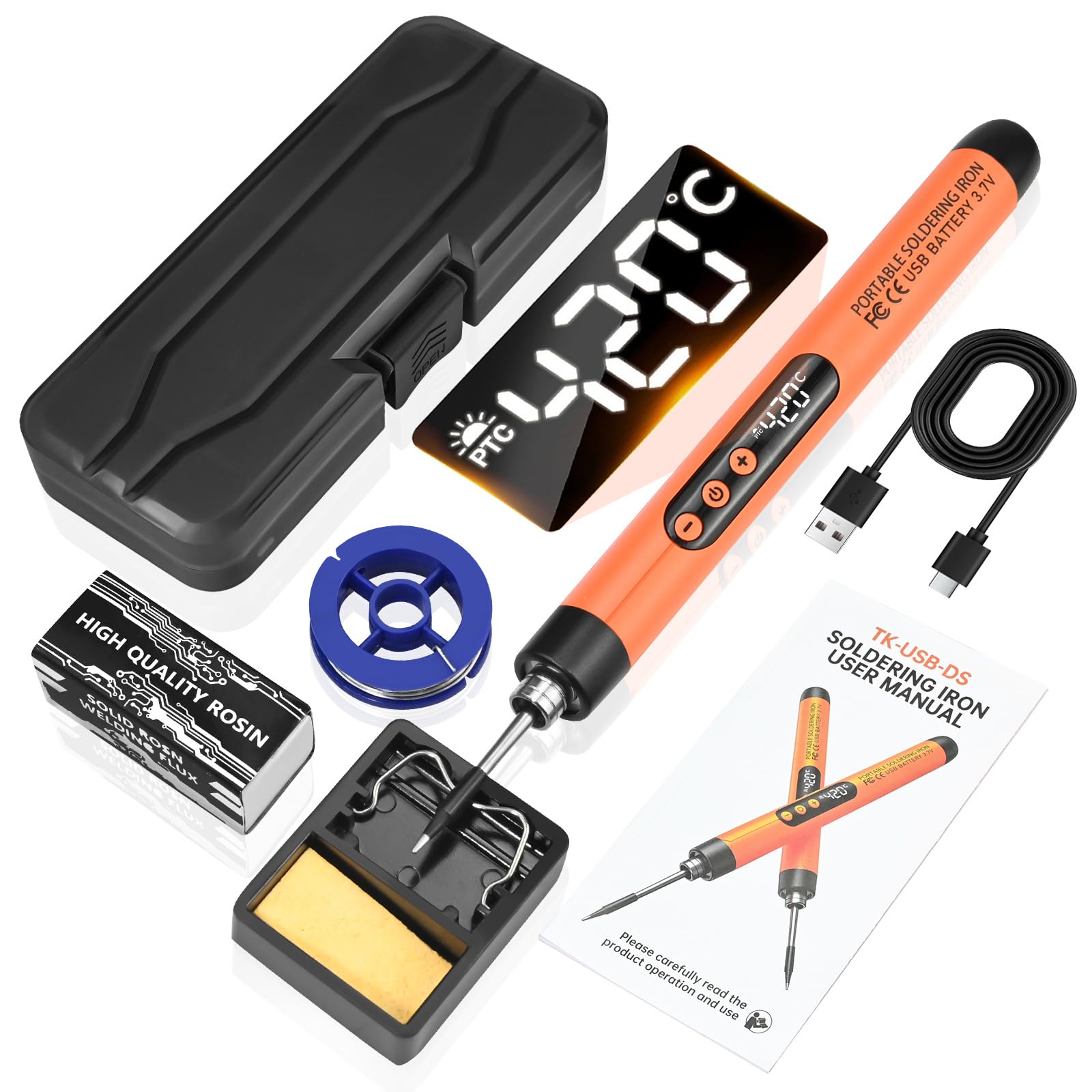 Cordless Soldering Iron Kit with LCD Display - Rechargeable USB C Soldering Iron Adjustable Temperature 260℃-420℃,Portable Soldering Irons 1000mAh WeldingKit,Electric Soldering Irons Pen (Orange)