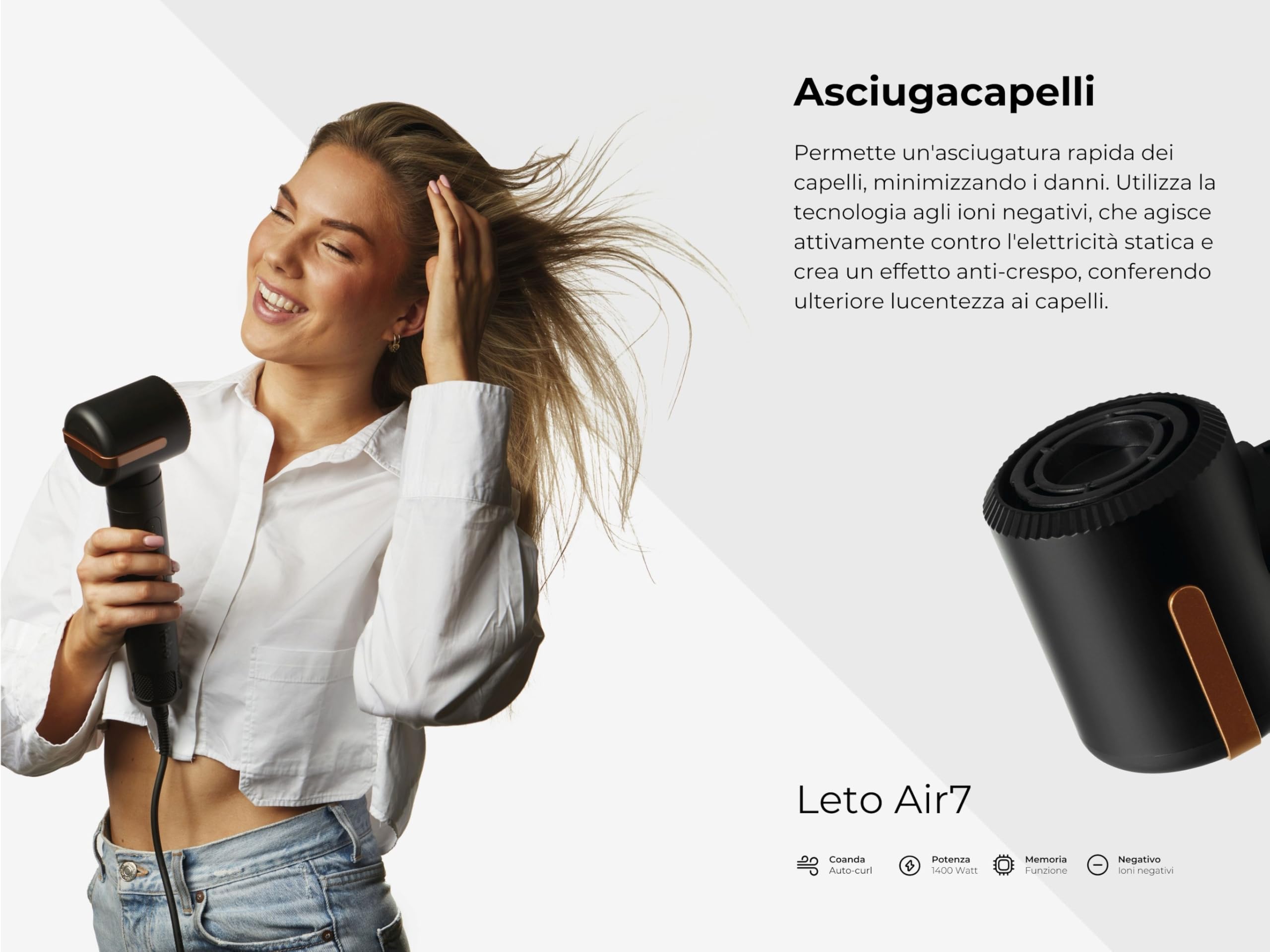 Leto 7in1 Spazzola ad aria calda e asciugacapelli – spazzola rotonda, ferro arricciacapelli, piastra, diffusore, concentratore, Coanda, ioni, 1400W