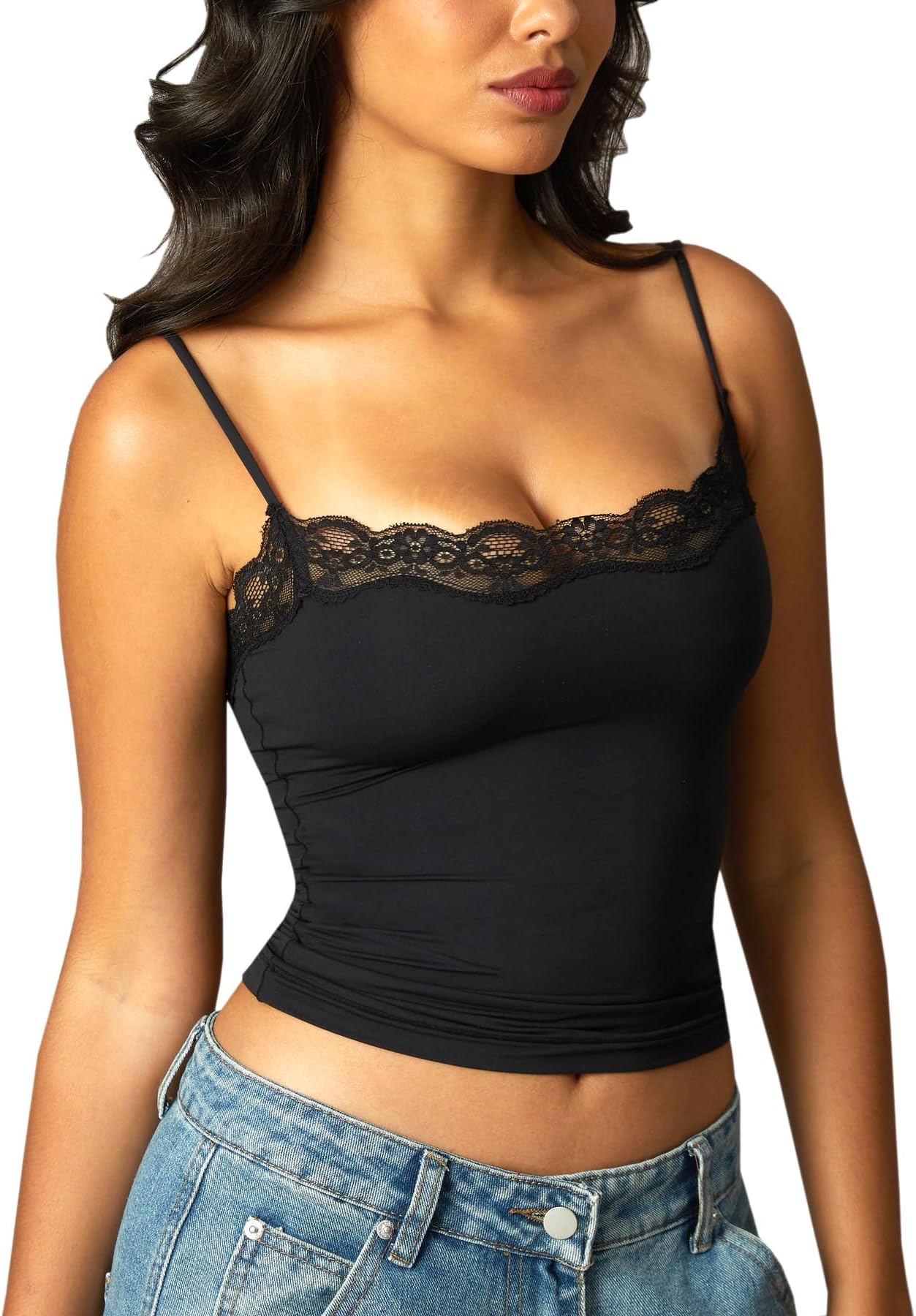 Women Sexy Lace Trim Spaghetti Strap Camisole Tank Top Y2K Going Out Crop Cami Top Date Night Rave Tops