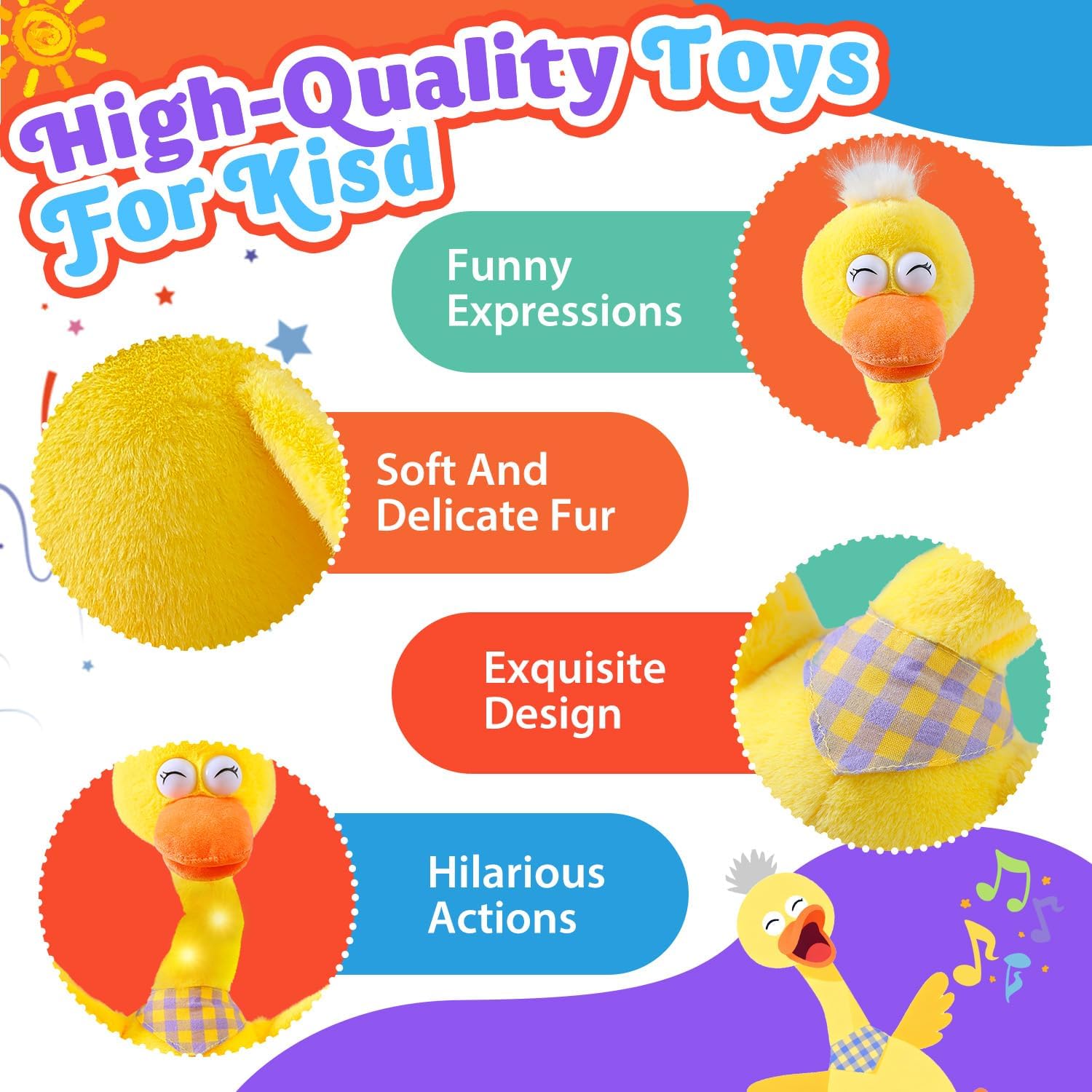 Marsjoy 13" Talking Dancing Duck, Repeating What You Say Mimicking Recording Plush Baby Toy Musical English Song Singing Talking Glowing Animated Twisting Gift of Lighting Up Toy for Boy Kid