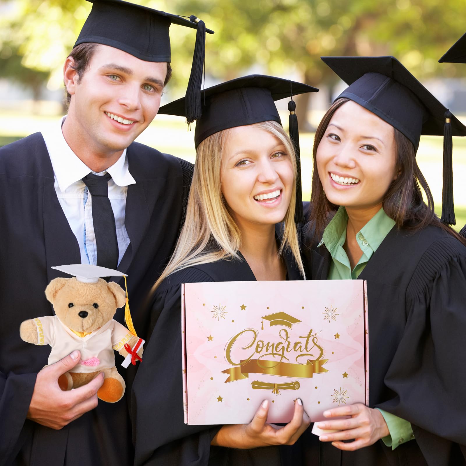 ReliThick Juego de 10 piezas de regalos de graduación universitaria 2024 para él, ella, felicitaciones, graduación, cesta de regalo que incluye manta de graduación, calcetines de tarjeta de oso, taza,