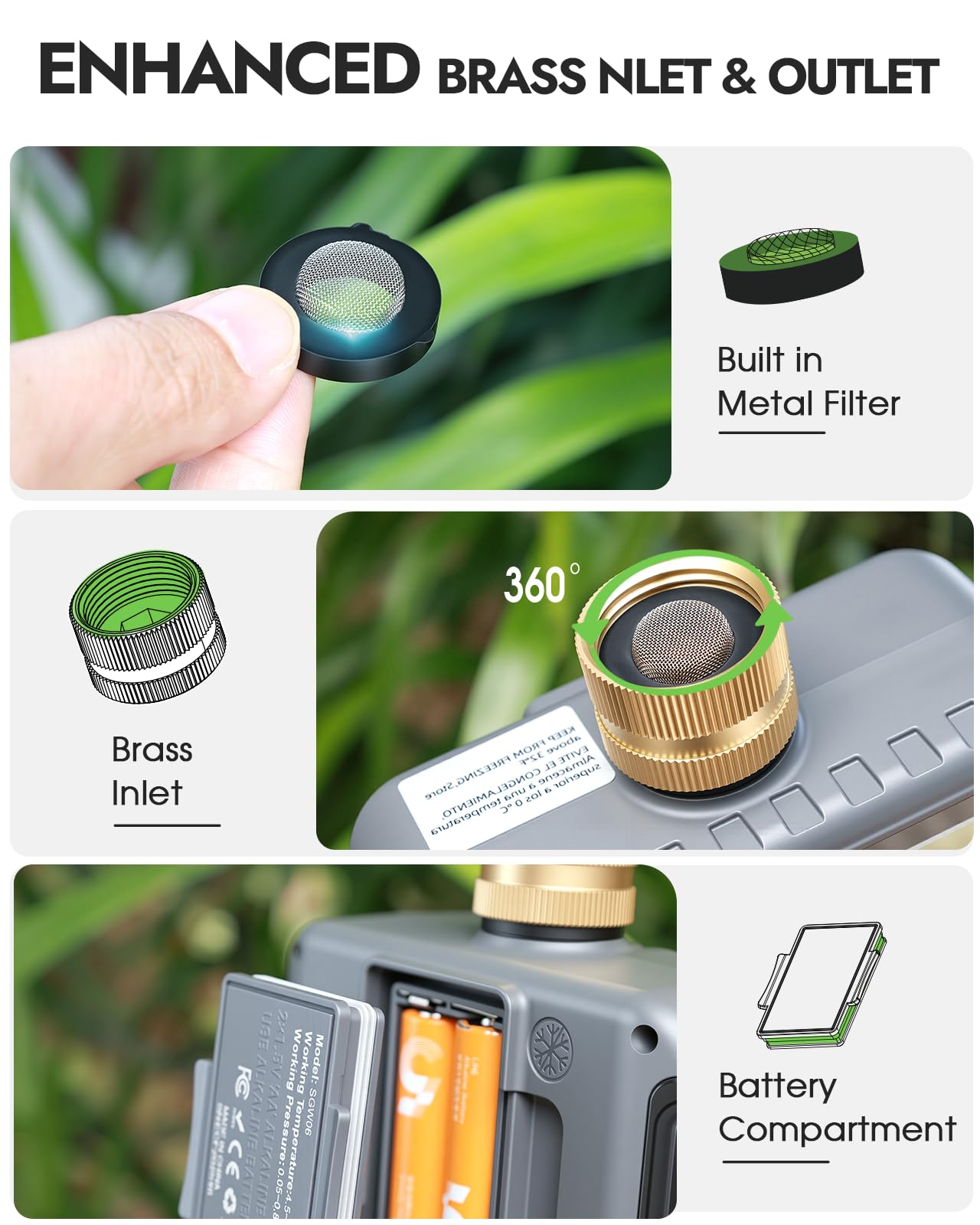 Insoma Timer irrigatore a 2 zone con ingresso in ottone, timer per tubo dell'acqua con modalità auto/manuale + ritardo pioggia, grande display LCD, per giardino, cortile, prato, impermeabile IPX5 e
